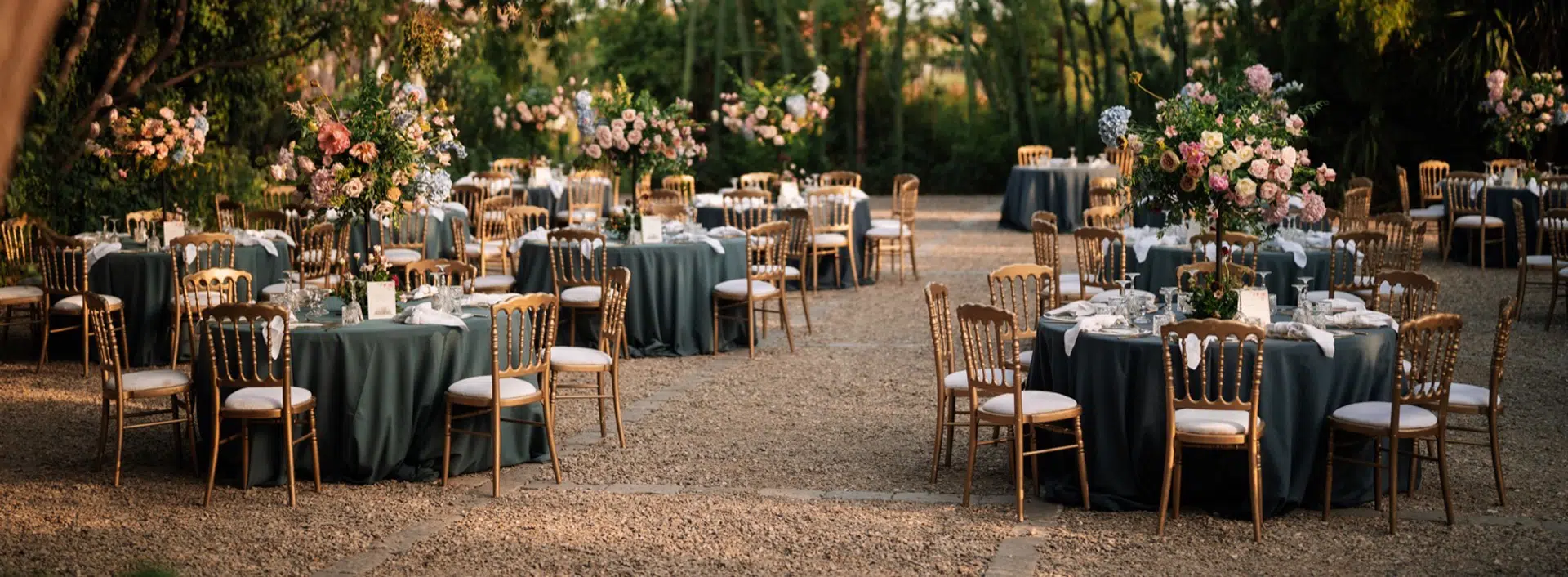 Receção de casamento elegante ao ar livre com mesas redondas decoradas com toalhas de mesa pretas, centros de mesa elegantes com flores e rosas de cor creme, ambiente romântico e requintado.