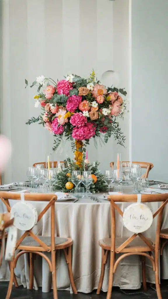 Fiori decorativi per matrimonio, tavolo elegante con centro fiorito, planning eventi di nozze, wedding planner professionale, allestimenti floreali su misura.