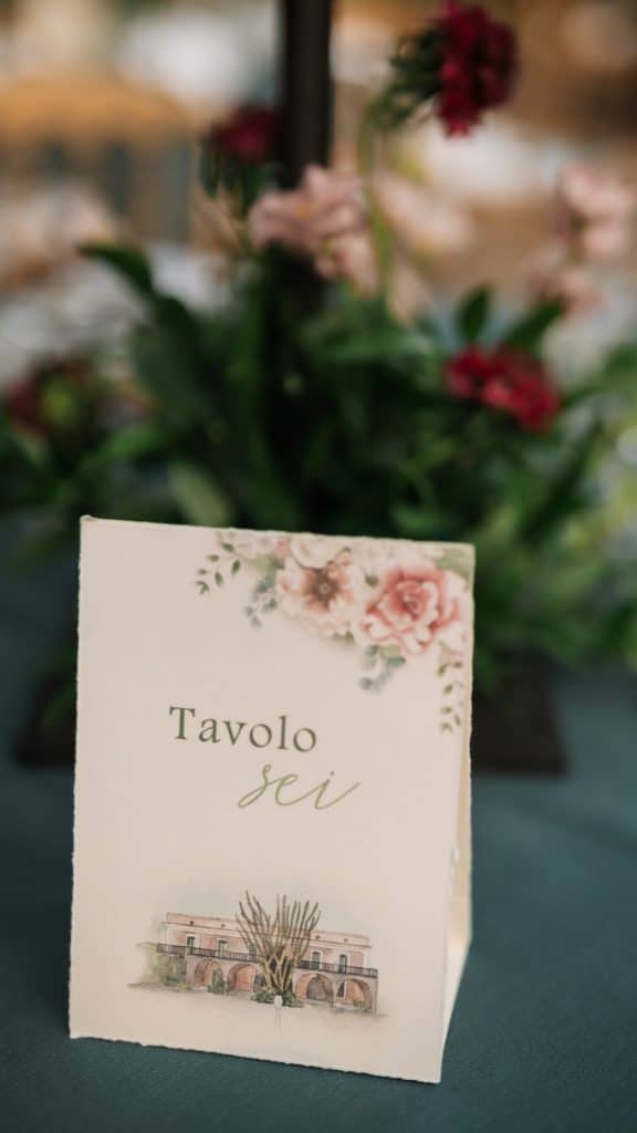 Tavolo seggiovia segnaposto con fiori rosa e verde, decorazione elegante per matrimonio, organizzazione eventi, pianificazione nozze, servizio Wedding Planner ChiaraB Events, Italia.