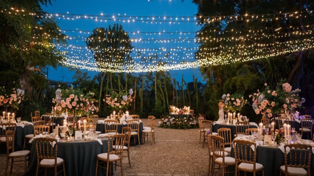 Elegante allestimento per matrimonio serale con luci a stringa e decorazioni floreali, planning professionale di Chiara B Events per un matrimonio indimenticabile.