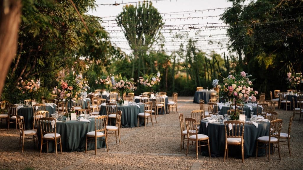 Tavoli decorati con fiori e candele in un matrimonio all'aperto in Italia, ambientazione romantica con luci sospese e natura circostante.