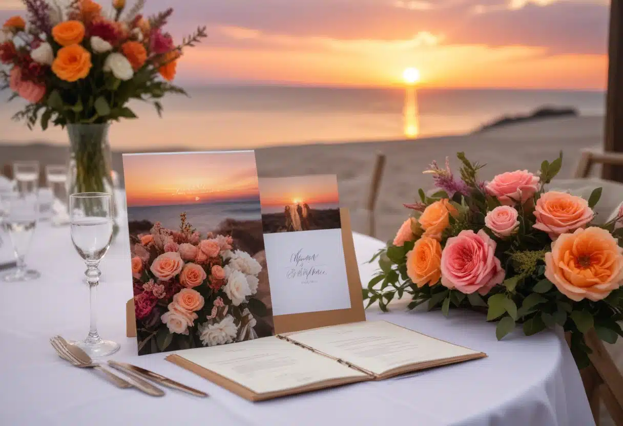 Fiori di nozze su tavolo al tramonto sulla spiaggia, ready per matrimonio in stile elegante e romantico, con allestimenti floreali e menu personalizzato, servizi di wedding planner ChiaraB Events.