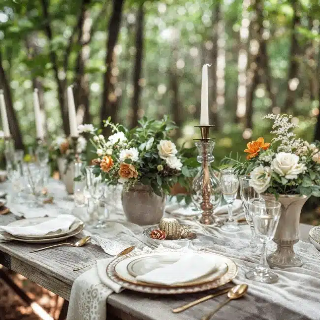 Lavagna decorativa con fiori bianchi e arancioni per cerimonie all'aperto, perfetta per matrimoni eleganti e romantici, servizio di wedding planning da ChiaraB Events.