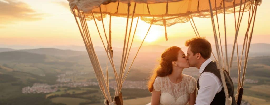 Loving couple kissing in a hot air balloon during sunset, with hilly landscapes and golden sky in the background, creating a romantic and evocative atmosphere.