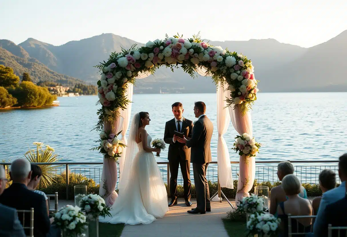 Blomsterbue til bryllup ved søen, udendørs ceremoni med udsigt over bjergene, bryllupsplanlægger ChiaraB Events service, elegante og romantiske omgivelser, perfekt til bryllupsdagen.