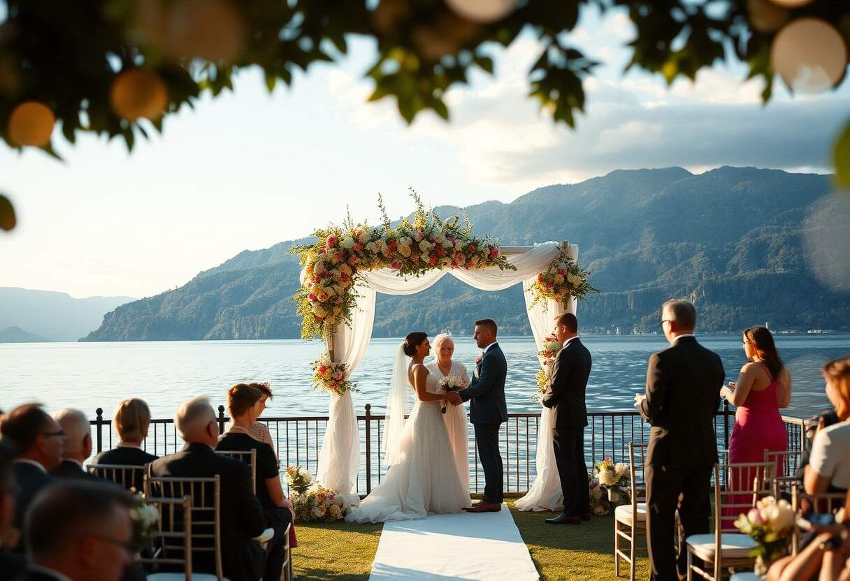 Fiore matrimonio sul lago con archi floreali e vista sulle montagne per eventi di nozze romantici e indimenticabili.