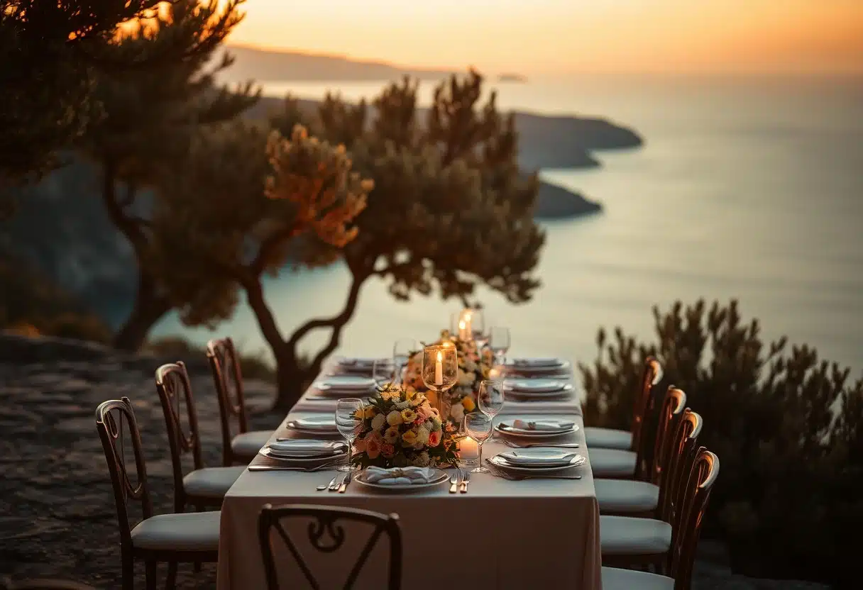 Elegant bryllupsbord i maleriske omgivelser ved havet i solnedgang, dekoreret med blomster og stearinlys, perfekt til eksklusive arrangementer og romantiske kystbryllupper.