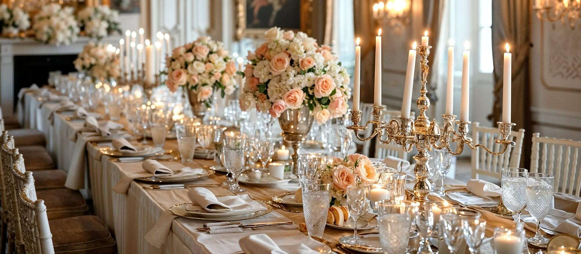 優雅的婚禮餐桌上，粉紅色與奶油色的花朵襯托中央擺設、金色燭台與點燃的蠟燭，布置出精緻浪漫的風格。