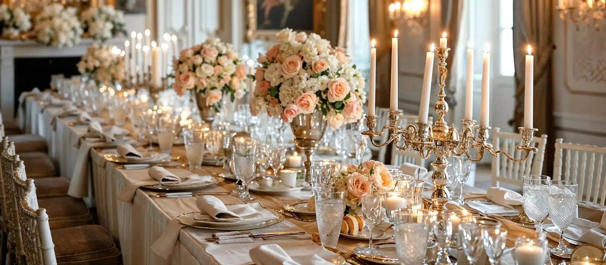 Tavola elegante per matrimonio con centrotavola di fiori rosa e crema, candelabri d'oro e candela accesa, setting raffinato in stile romantico.
