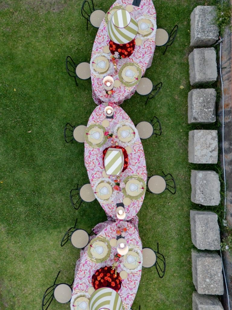 A detailed description of the image of an outdoor table decorated for a special event, with attention to details such as tablecloths, plates, and floral decorations, ideal for wedding services.