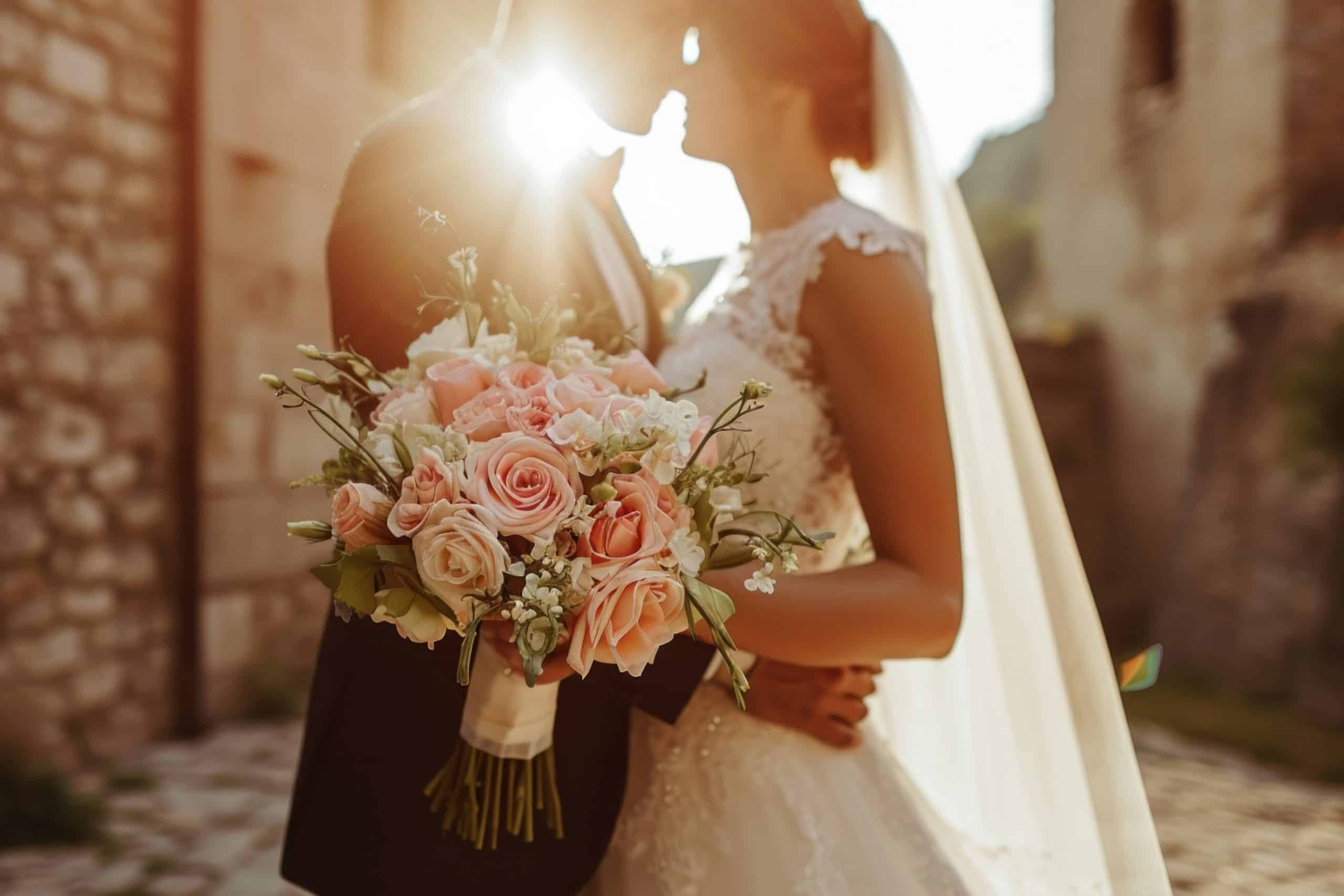 Een romantische bruiloft met de bruid en bruidegom die elkaar omhelzen, verlicht door de ondergaande zon, met een boeket van roze en witte bloemen, perfect voor bruiloftsplanning en de organisatie van een bruiloft.