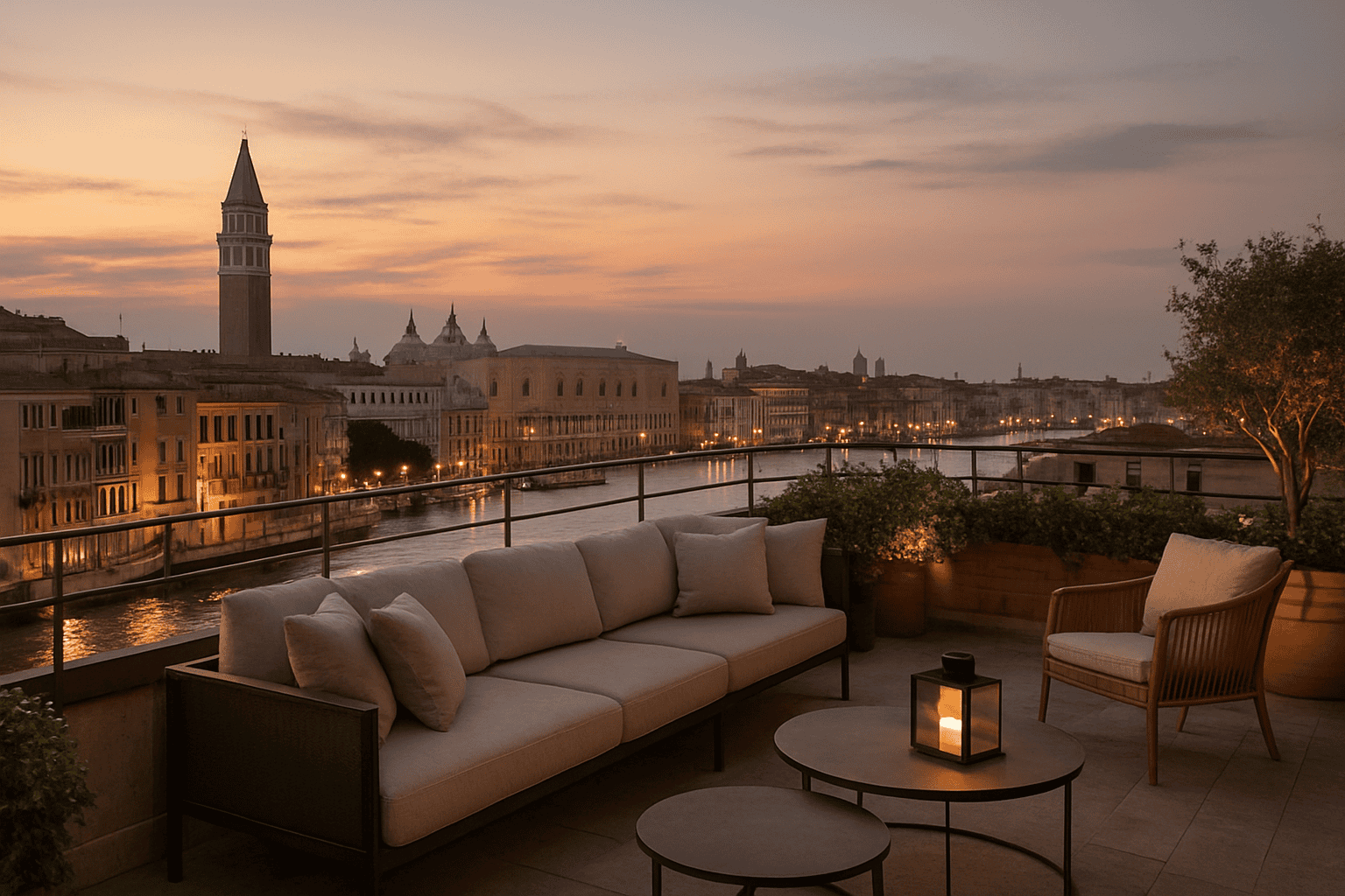 Spektakularny widok na miasto Wenecja z rooftop lounge, idealny do kontynuacji imprezy po ślubie, z wygodnymi sofami i elegancką atmosferą.