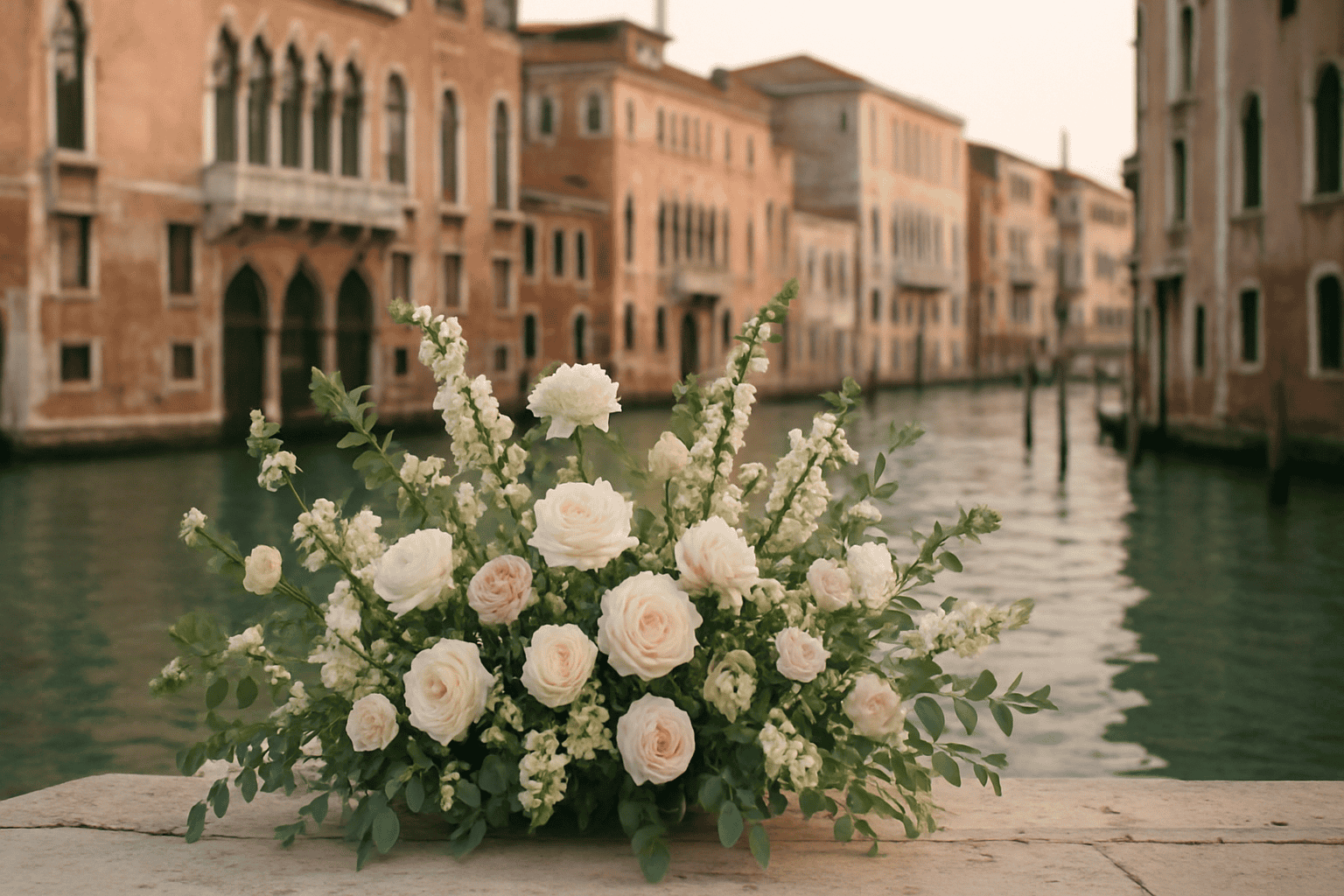 Elegancka kompozycja kwiatowa z białych róż i zieleni, idealna do dekoracji ślubnych w Wenecji w historycznych przestrzeniach bez przesady. Doskonała do podkreślenia historycznych wnętrz.