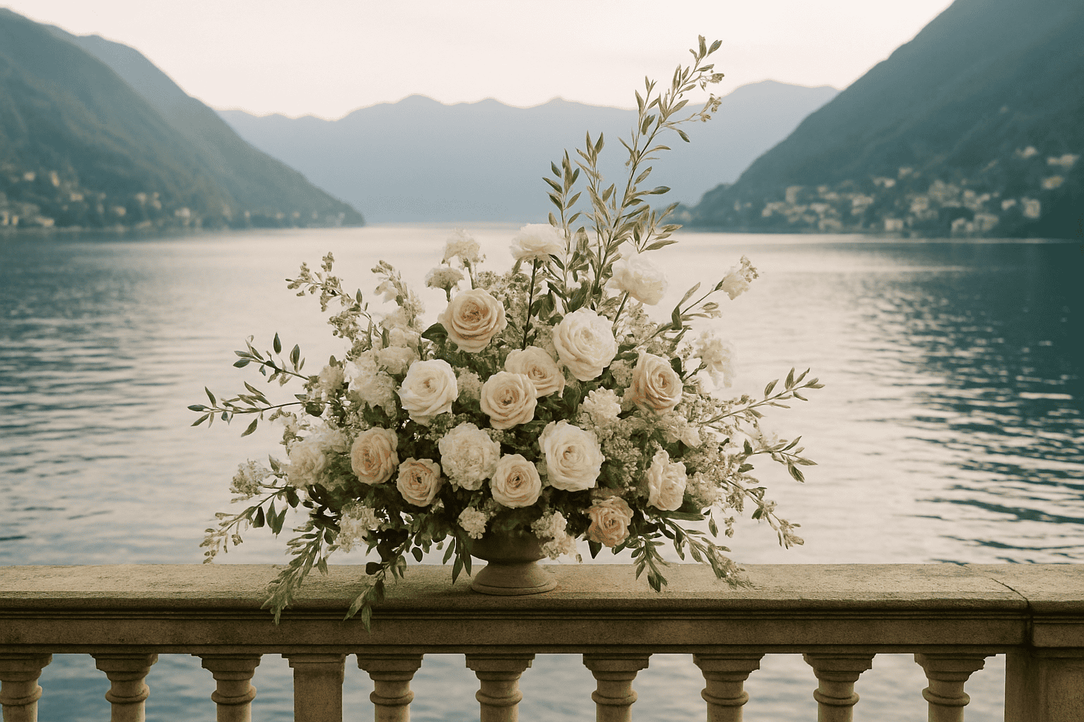 Virágdekoráció a Comói-tónál rózsákkal és zöld növényekkel, tökéletes kifinomult esküvők számára. Évszakhoz illő díszítések, amelyek kiemelik a tájat és romantikus, kifinomult hangulatot teremtenek.