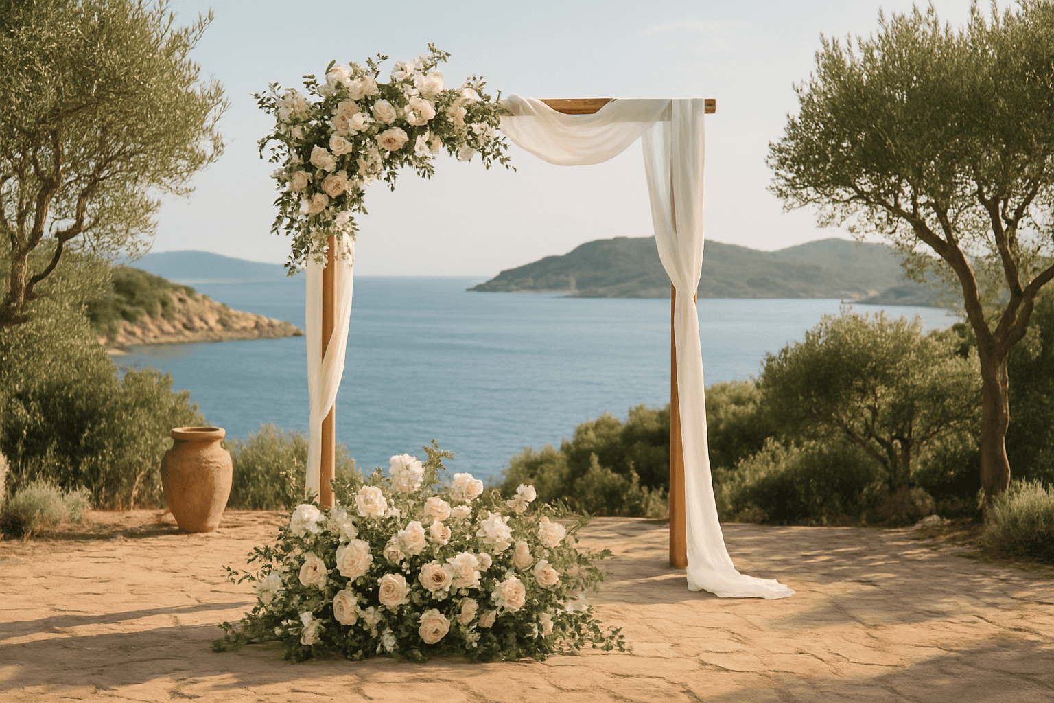 सार्डिनिया में समुद्र के दृश्य के साथ भूमध्यसागरीय शादी की सजावट, मौसमी फूलों और प्राकृतिक सामग्रियों से सजी, एक सुरुचिपूर्ण और प्रभावशाली कार्यक्रम के लिए उपयुक्त।