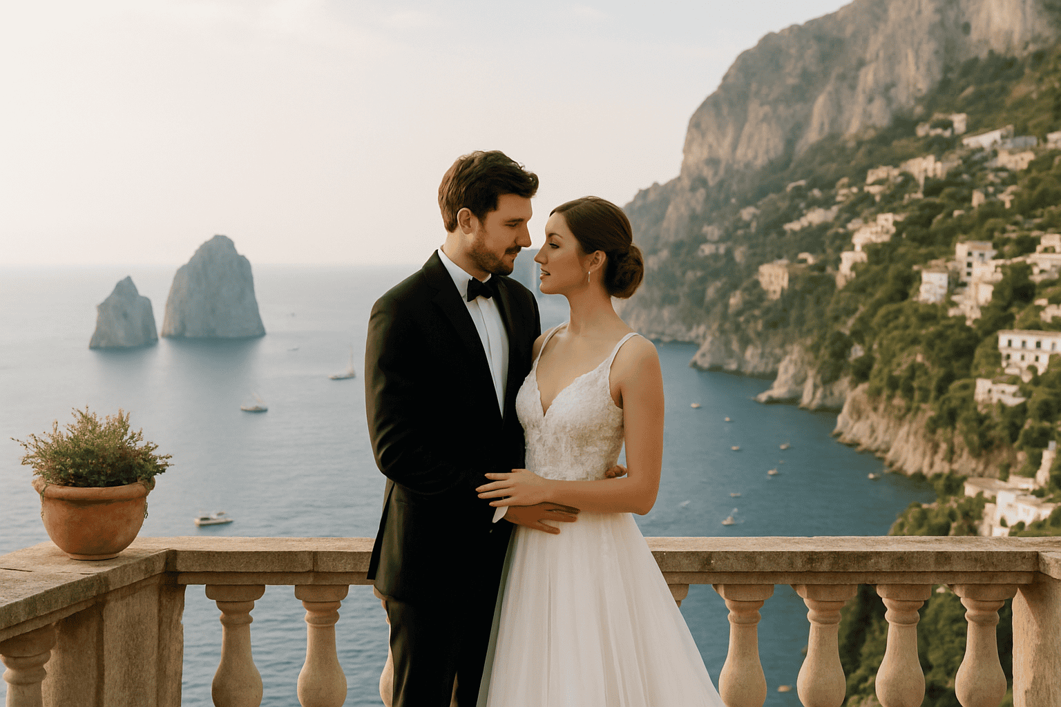 Brudpar i eleganta kläder på Capri, med klippor och hav i bakgrunden, idealiskt för bröllopsplanering och lyxdestinationer.