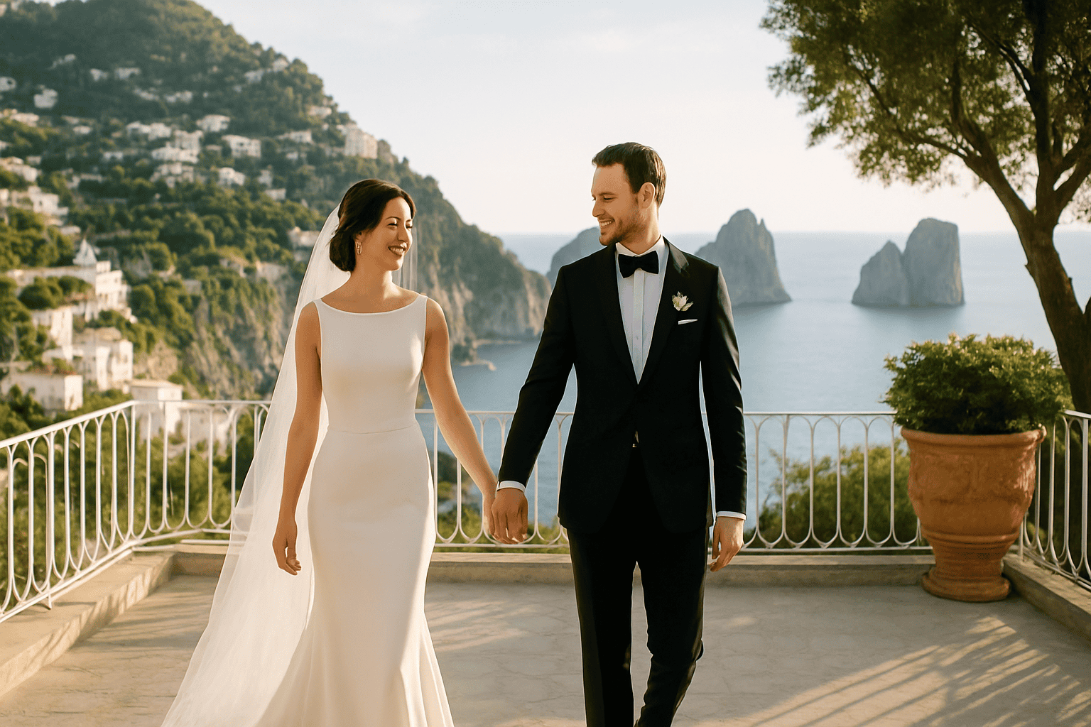 Esküvői ruhás ifjú pár a tengerre néző teraszon Caprin, tökéletes egy romantikus és felejthetetlen esküvőhöz.