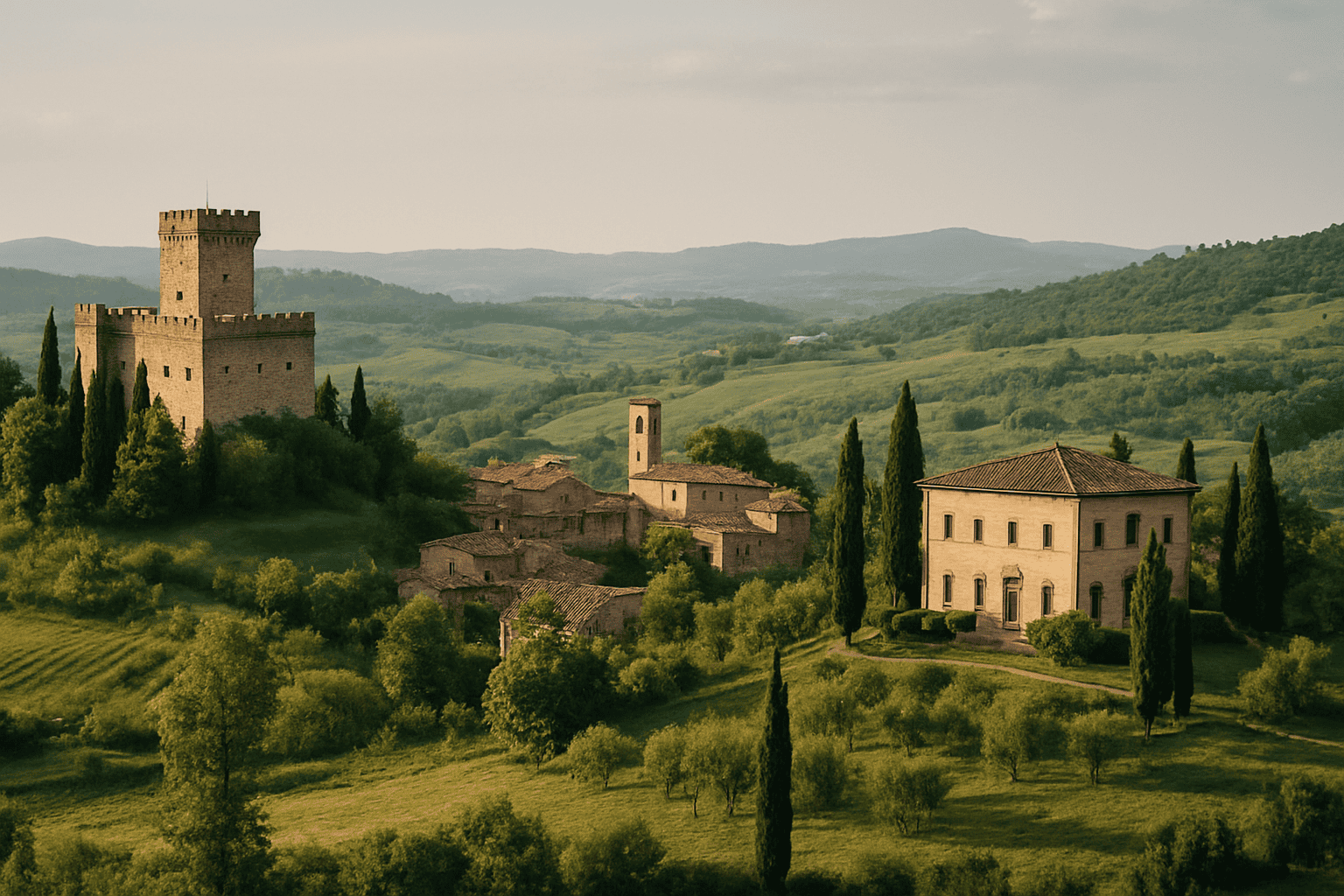 托斯卡纳的城堡，坐落于丘陵景观中，理想的婚礼和专属活动场所。