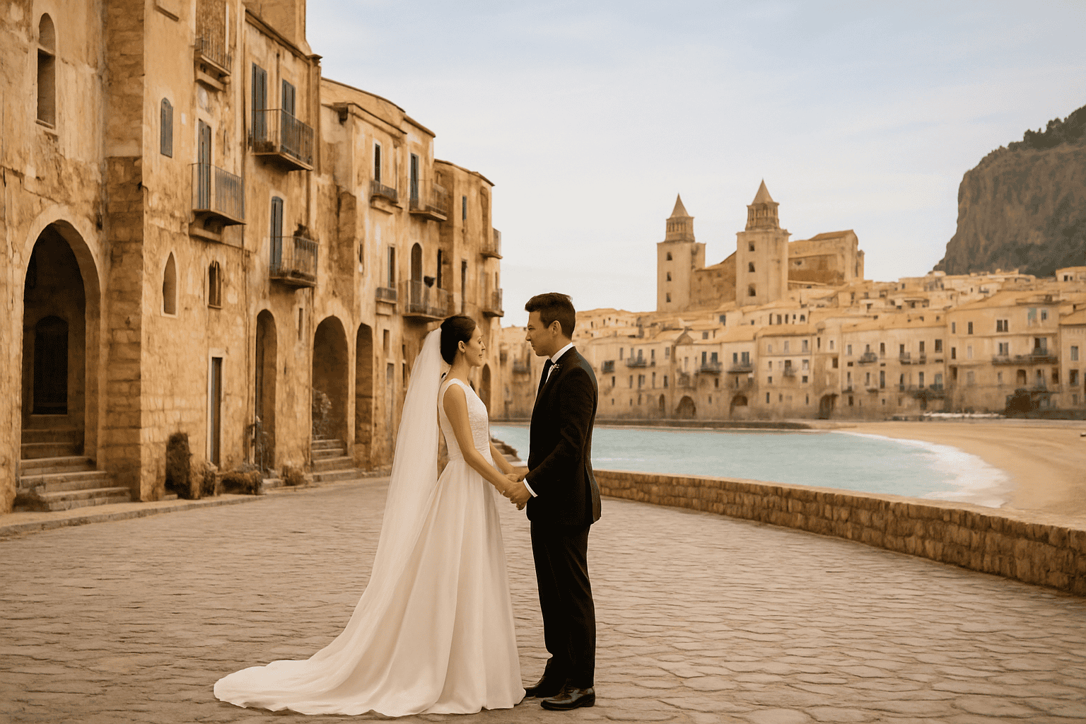 Esküvői ruhás ifjú pár Cefalùban, a történelmi központtal és a tengerrel a háttérben, egy romantikus szabadtéri ceremónia alatt.