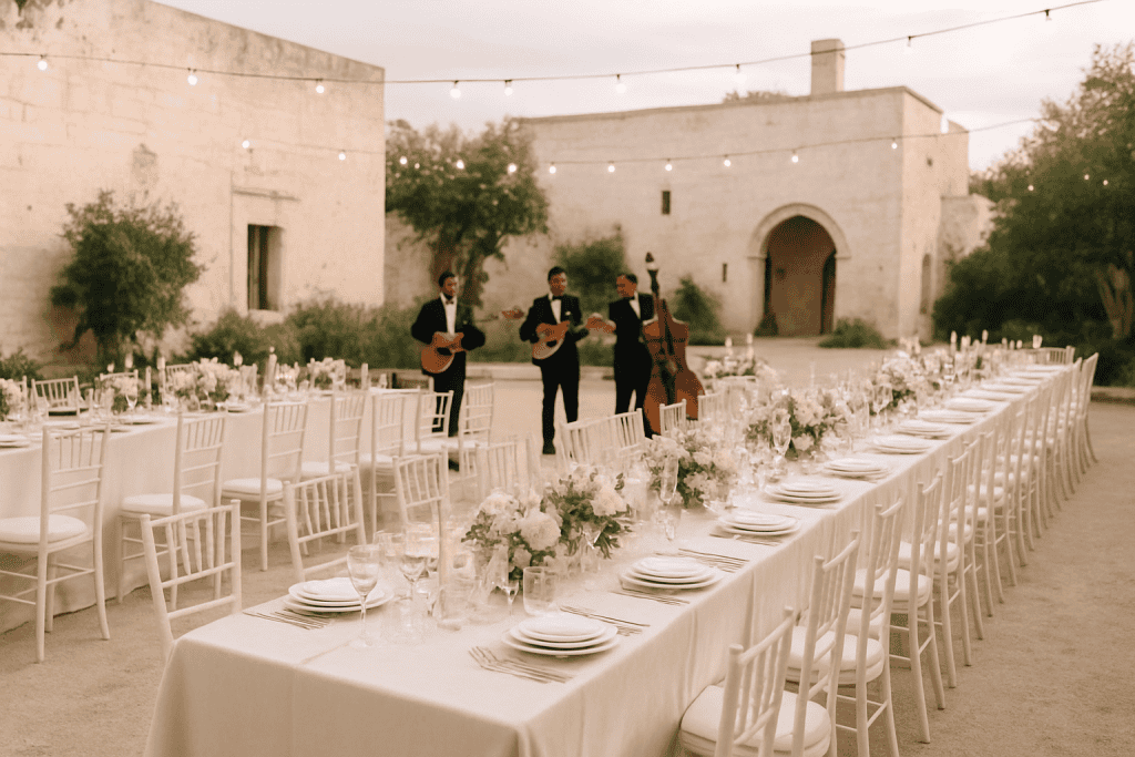 Langes Abendessen in der Masseria: Tischlayout, Musik und Rhythmus des Abends