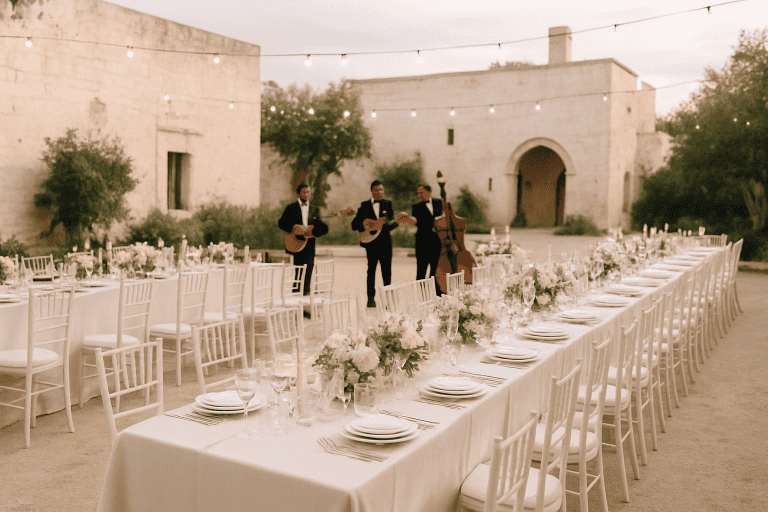 Cena lunga in masseria: layout tavoli, musica e ritmo della serata