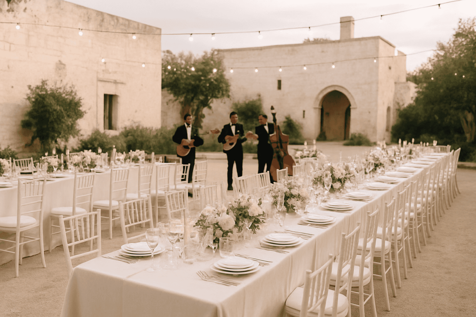 Elegáns masseria kültéri asztalokkal, élő zenével és ünnepi hangulattal egy hosszú és felejthetetlen vacsorához. Tökéletes esküvők és különleges események számára egy hangulatos környezetben.