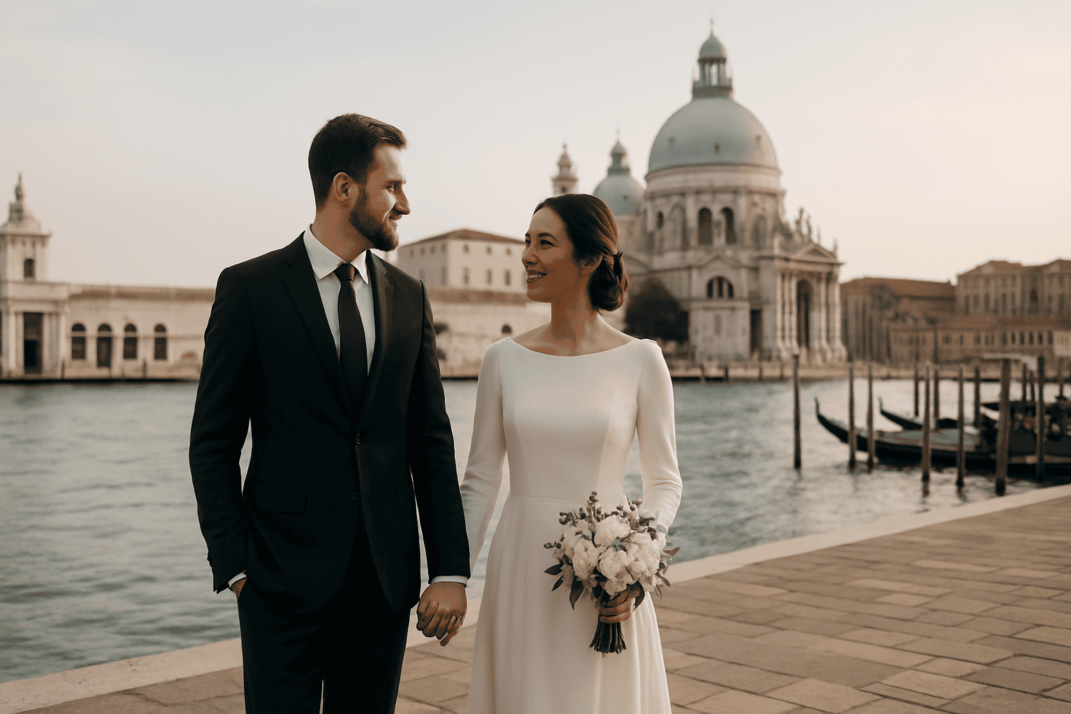 वेनिस में कैनाल ग्रांडे के पास एक जोड़ा जो हाथ में हाथ डाले हुए है, पृष्ठभूमि में सांता मारिया डेला साल्यूटे बेसिलिका के साथ, सुरुचिपूर्ण पोशाक में।