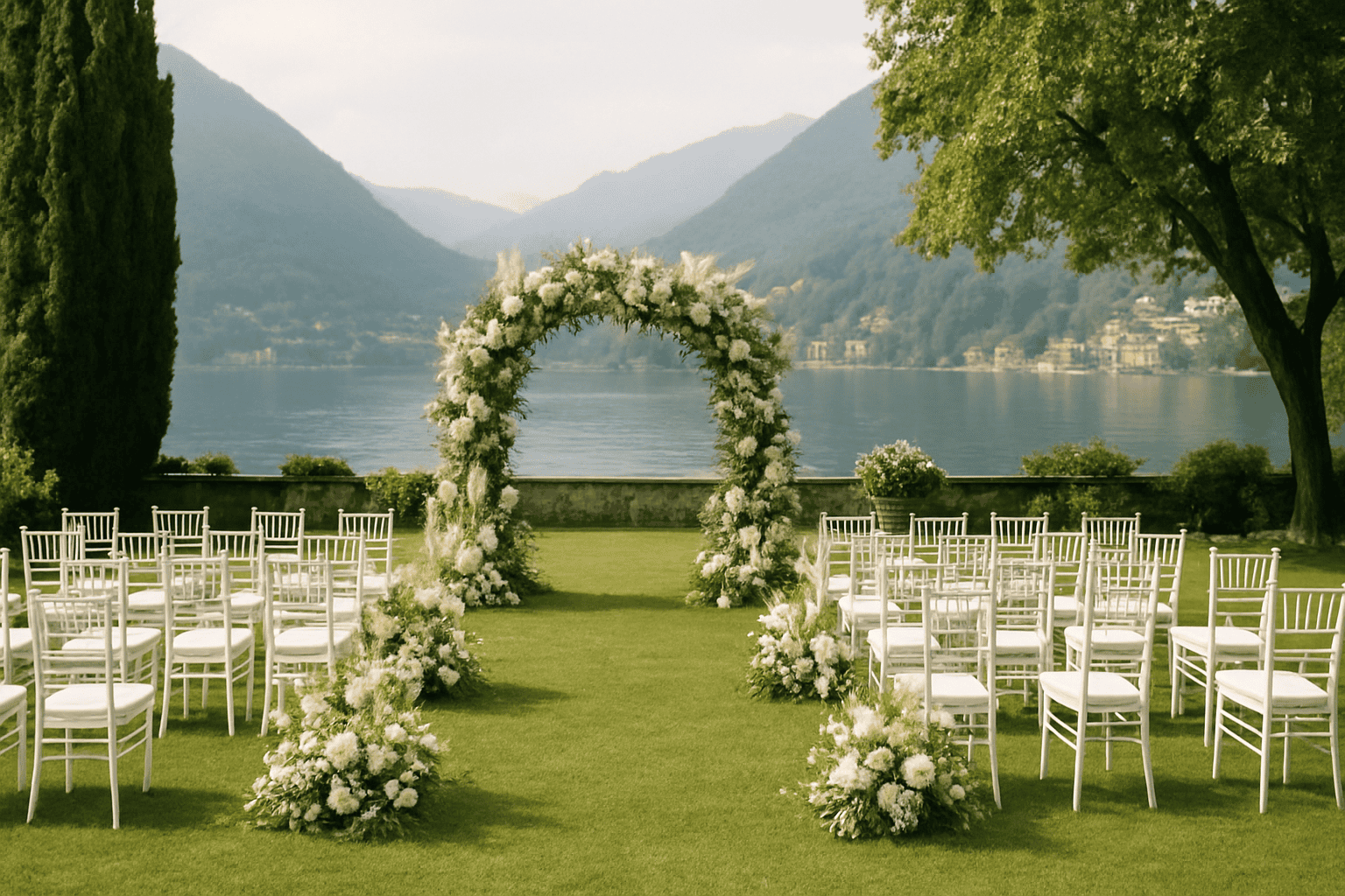 Fehér virágokkal díszített esküvői ív egy kertben, kilátással a Comói-tóra, készen egy romantikus szabadtéri ceremóniára a hegyekre és a vízre néző panorámával.