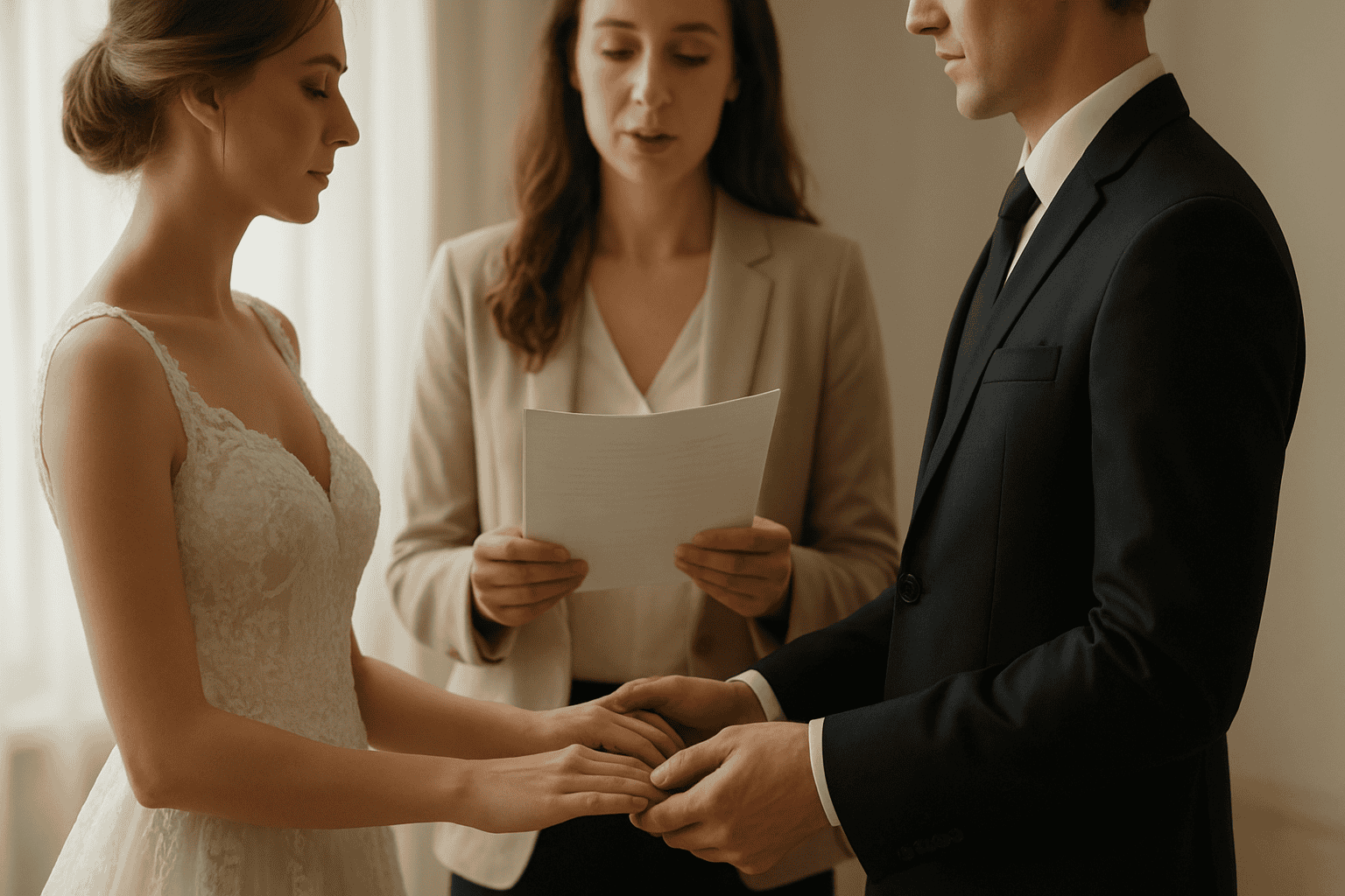 एक जोड़ा जो एक आधुनिक प्रतीकात्मक समारोह के दौरान प्रतिज्ञाएं बदल रहा है, जिसमें एक अधिकारी एक अंतरंग और सुरुचिपूर्ण वातावरण में अनुष्ठान का नेतृत्व कर रहा है।