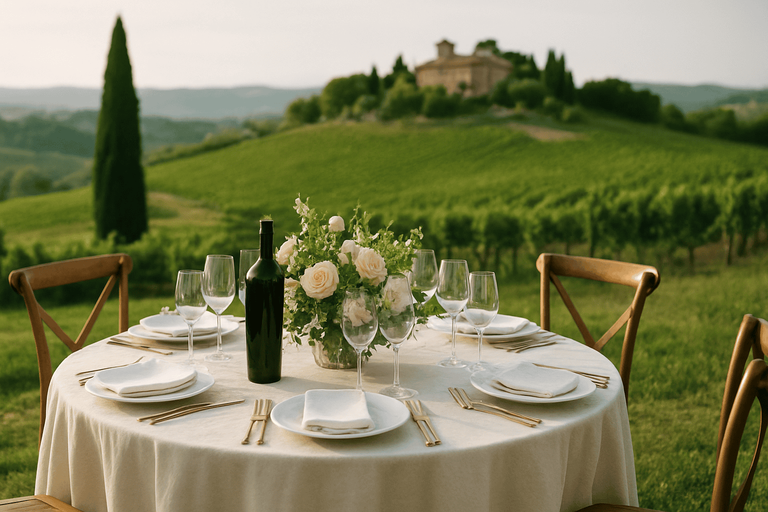 极佳的alt标签：托斯卡纳葡萄园户外优雅餐桌，配有花卉中心装饰、葡萄酒和酒杯，非常适合葡萄酒搭配婚礼和美食体验。