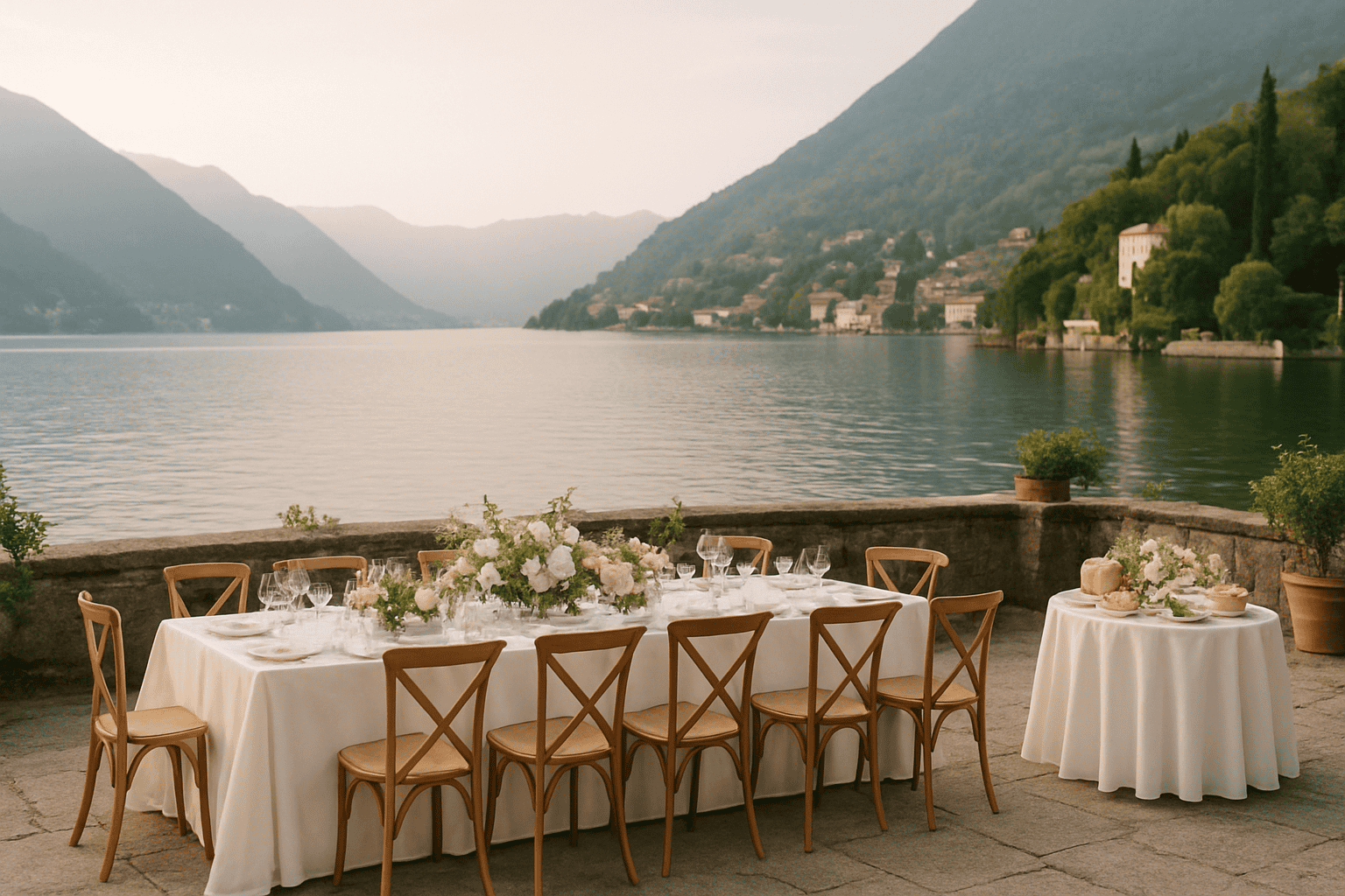 Buitentafel aan het Comomeer met bloemendecoraties voor een bruiloft, perfect voor een wedding weekend met welkomstdiner en brunch. Sfeervolle en romantische locatie.