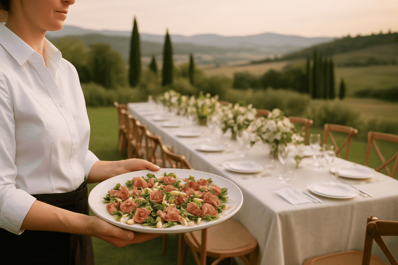 服务员端着一盘新鲜多彩的开胃菜，准备为托斯卡纳的婚礼服务，背景是丘陵风光和户外优雅的餐桌。