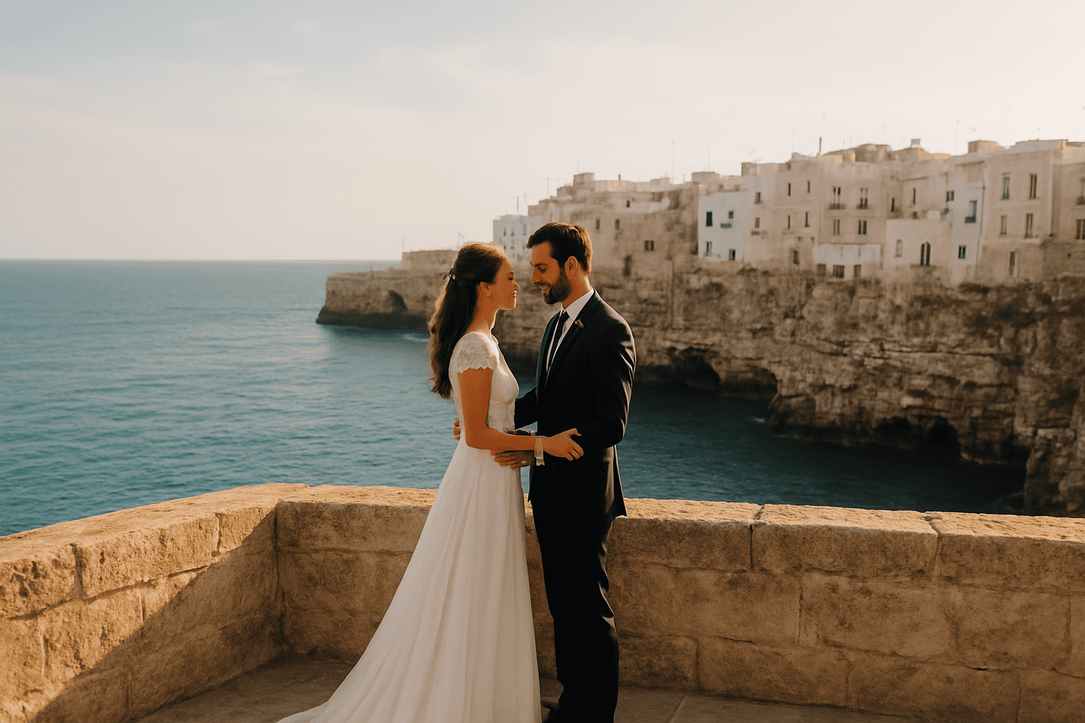 Brudpar i bröllopskläder på klippan i Puglia, med utsikt över havet och de vita husen, perfekt för ett romantiskt och oförglömligt bröllop.