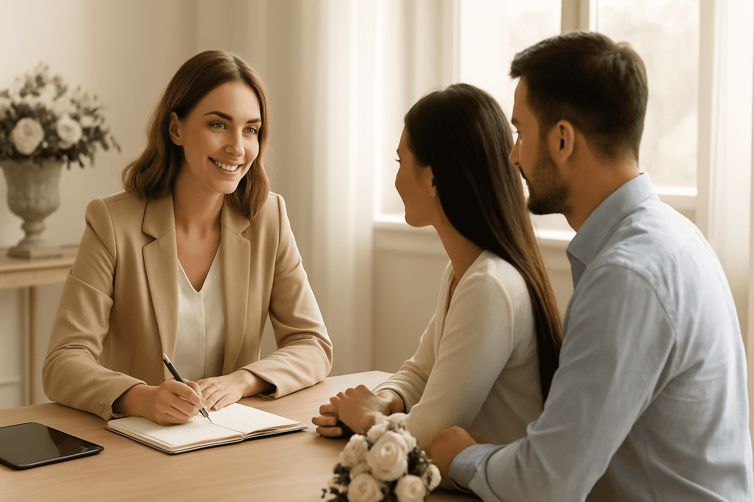 Bröllopsplanerare som ger råd till ett internationellt par under ett möte, med dokument och blommor på bordet, i en ljus och professionell miljö.