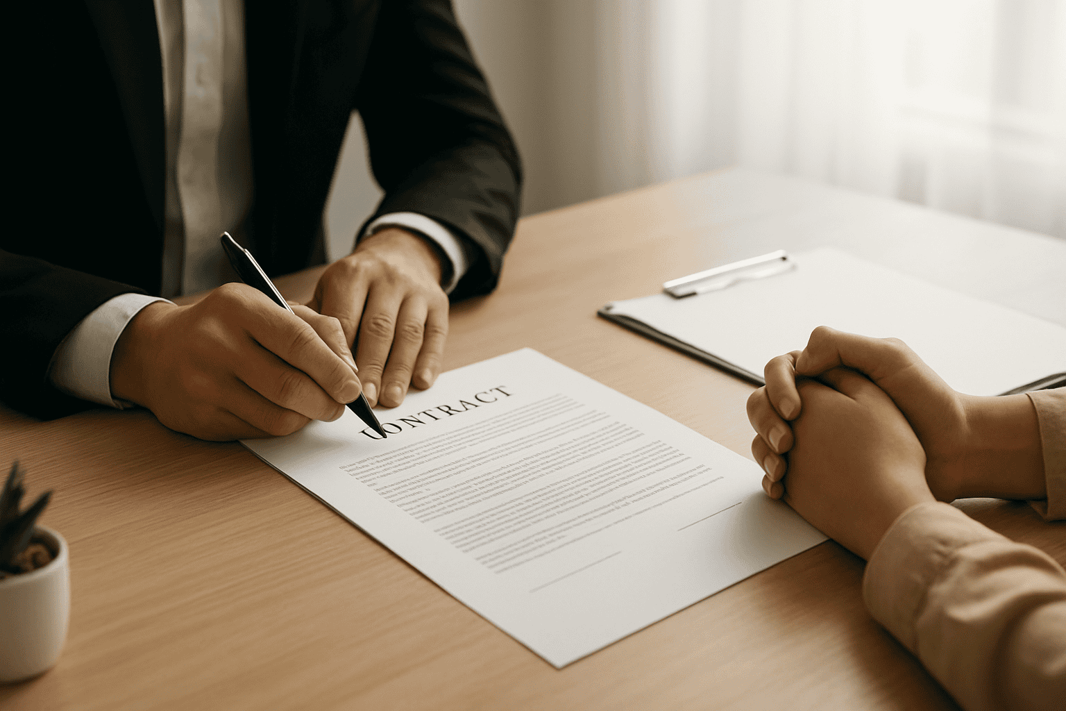 दो लोग एक कार्यक्रम स्थल के लिए पट्टे के अनुबंध पर हस्ताक्षर करते हुए, मेज पर दस्तावेज़ और कलम के साथ।