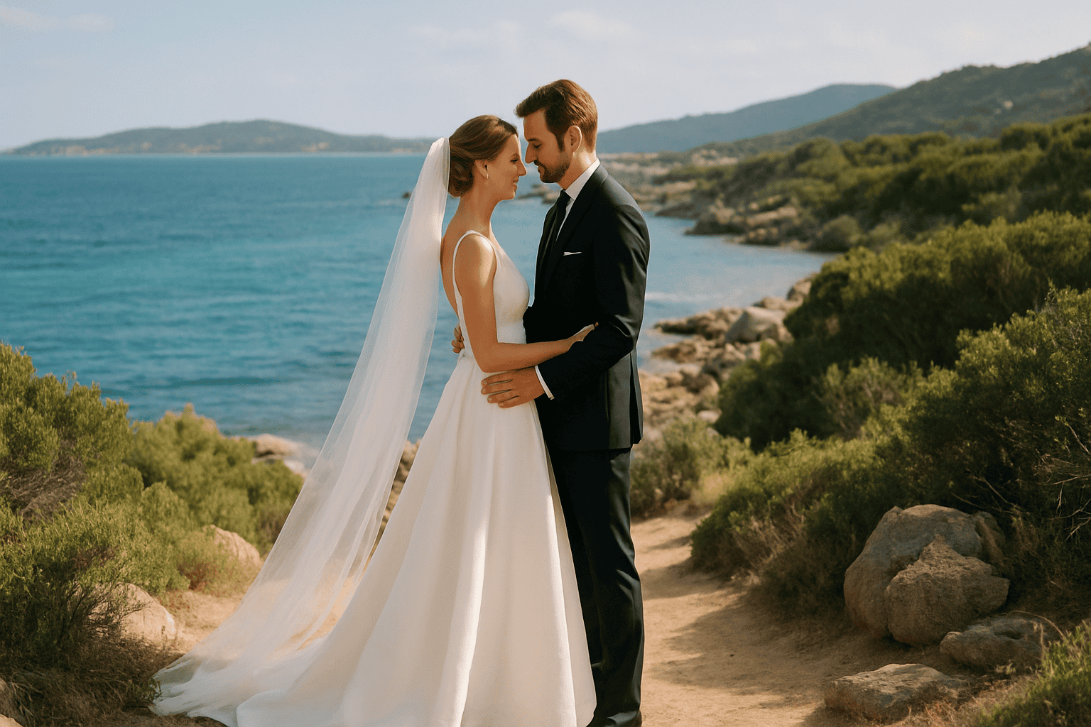 Ett intimt ögonblick för ett brudpar på stranden vid Costa Smeralda, perfekt för ett exklusivt och välorganiserat bröllop med professionella bröllopsplaneringstjänster.