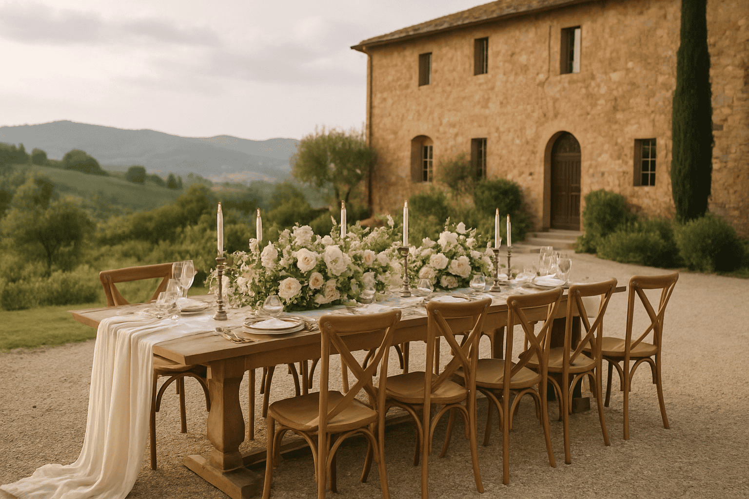 户外餐桌装饰着白色花卉和蜡烛，背景是托斯卡纳乡村风光和石头建筑。