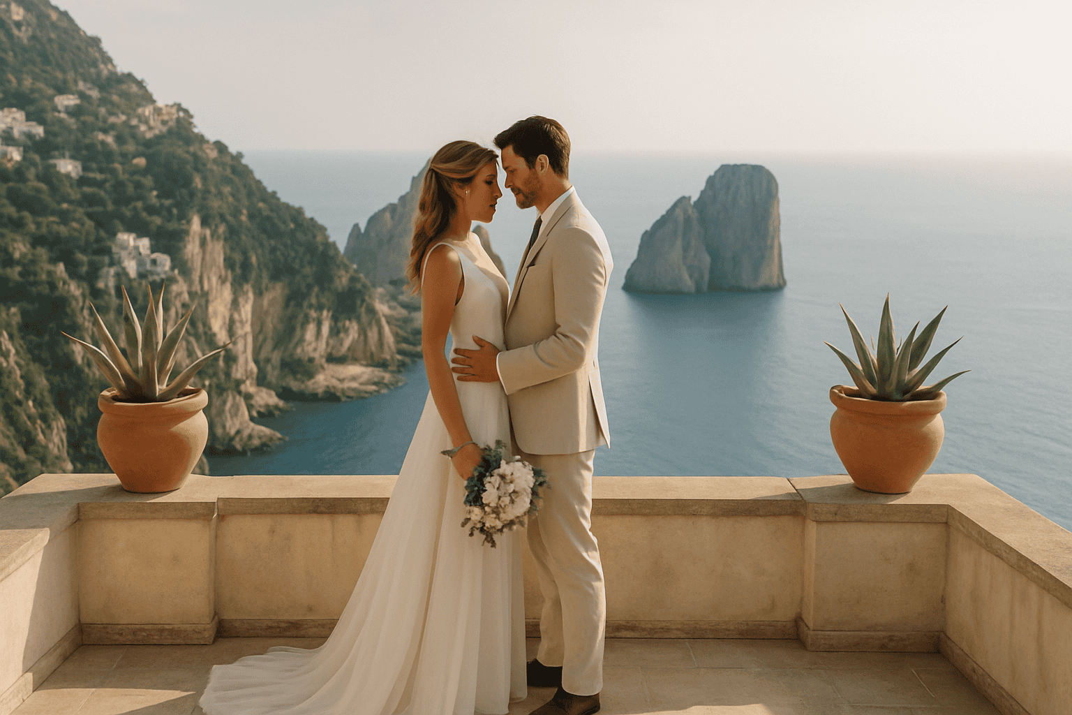 Menyasszonyi ruhában és elegáns öltönyben lévő ifjú pár egy intim esküvőn Caprin, tengerre és a sziget ikonikus sziklás partjára néző kilátással.