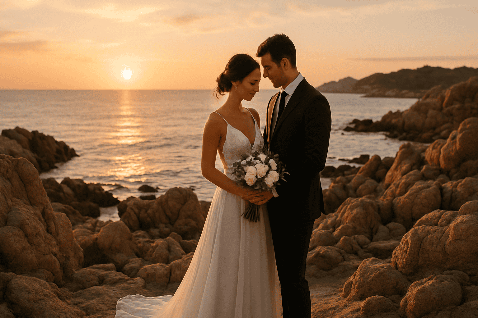 Casal de noivos em trajes elegantes durante o pôr do sol na praia rochosa na Sardenha, com mar e céu laranja ao fundo.