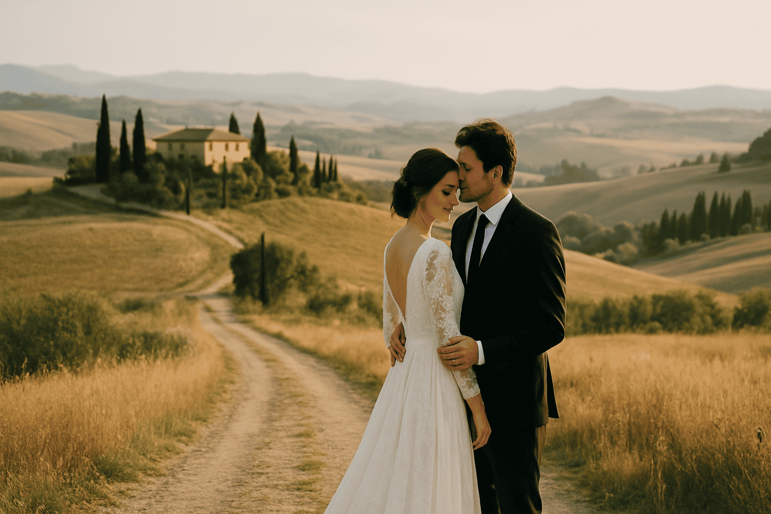 一对穿着优雅礼服的新婚夫妇在托斯卡纳的风景中相拥，背景是丘陵和历史别墅，非常适合亲密浪漫的私奔。