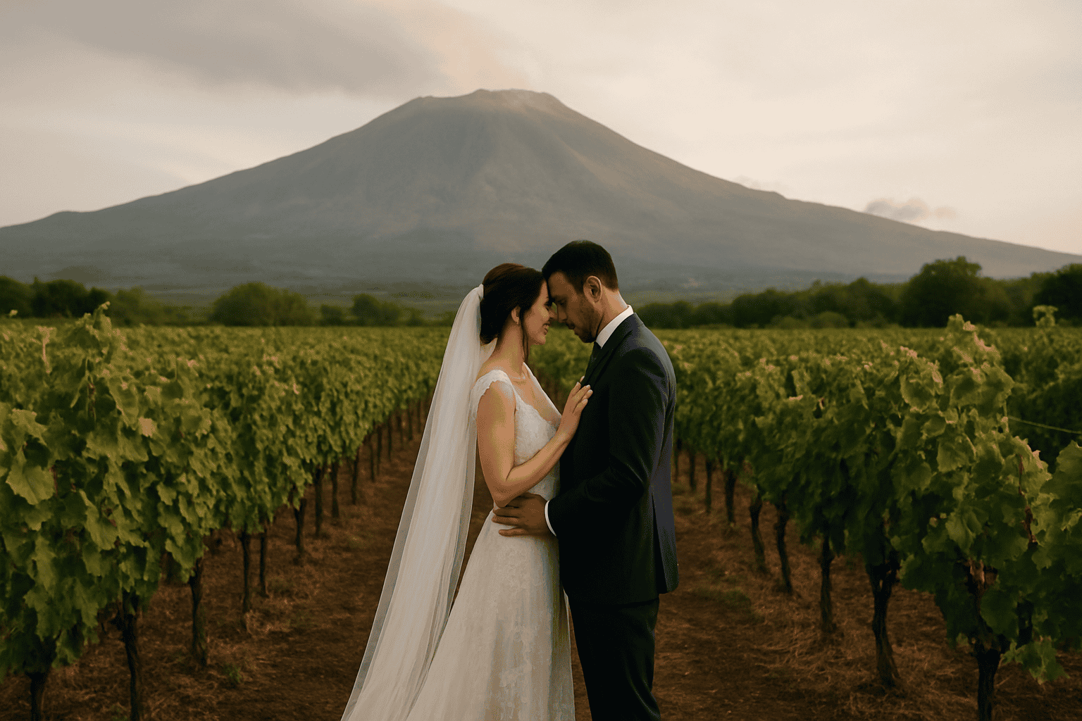Esküvői ruhás ifjú pár az Etna lábánál lévő szőlőültetvényen, háttérben a vulkánnal, egy szabadtéri esküvőn Szicíliában.