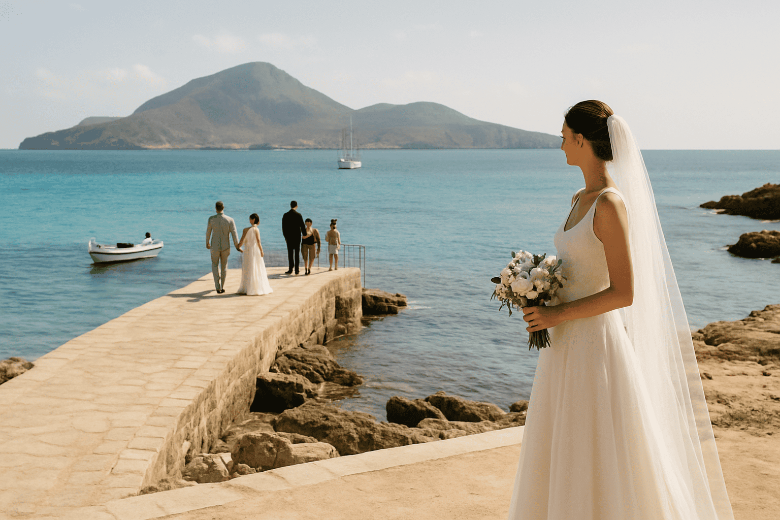 Fehér ruhás menyasszony csokorral a kezében Favignana tengerpartján, kilátással a tengerre és az Egadi-szigetekre, tökéletes egy romantikus és felejthetetlen esküvőhöz.