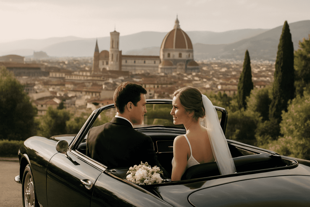 Florenz: standesamtliche Zeremonie in der Stadt und Empfang in der Villa (Zeitplan und Transport)