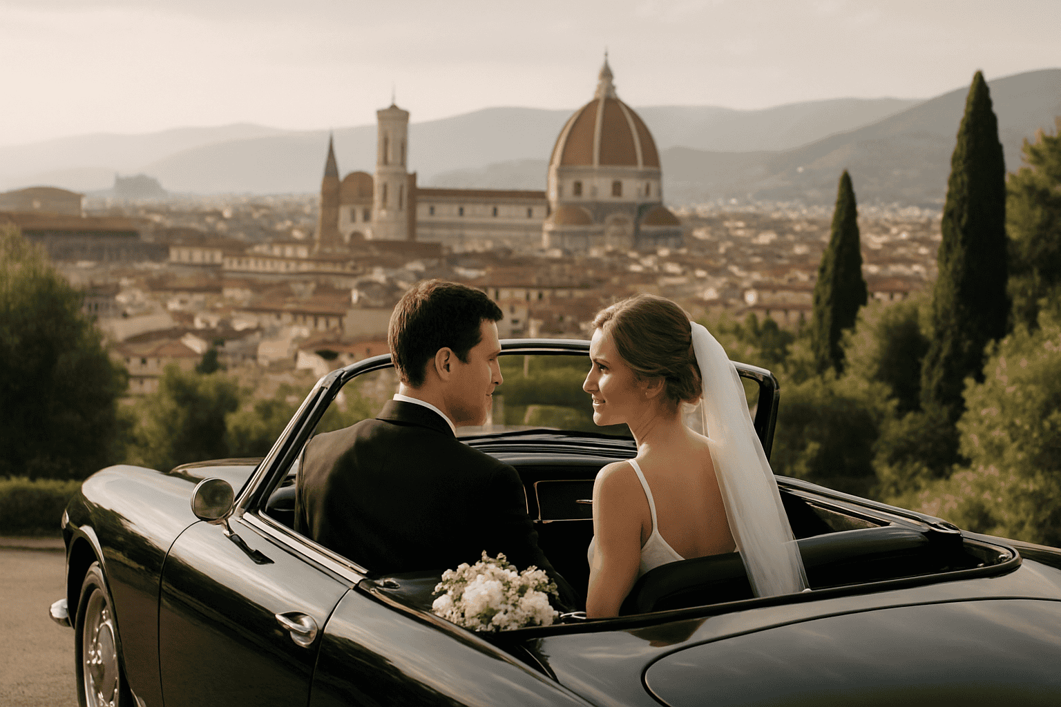 一对新婚夫妇乘坐古董车，俯瞰佛罗伦萨市及大教堂，参加民事婚礼和别墅招待会。