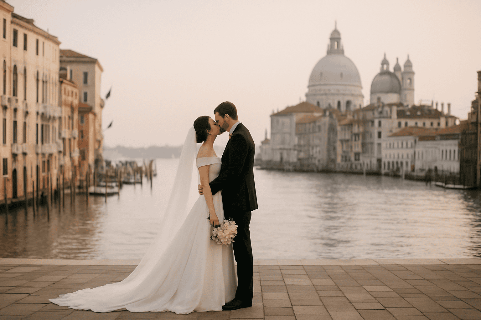वेनिस में एक जोड़ा जो एक दूसरे को चूम रहा है, पृष्ठभूमि में सांता मारिया डेला साल्यूटे बेसिलिका के साथ, एक अंतरंग और भीड़-रहित शादी के दौरान।