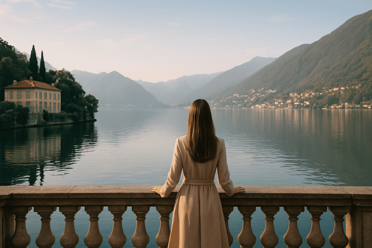 Femme regardant le lac de Côme depuis la promenade, avec montagnes et villas historiques en arrière-plan, lors d'une journée sereine et tranquille.