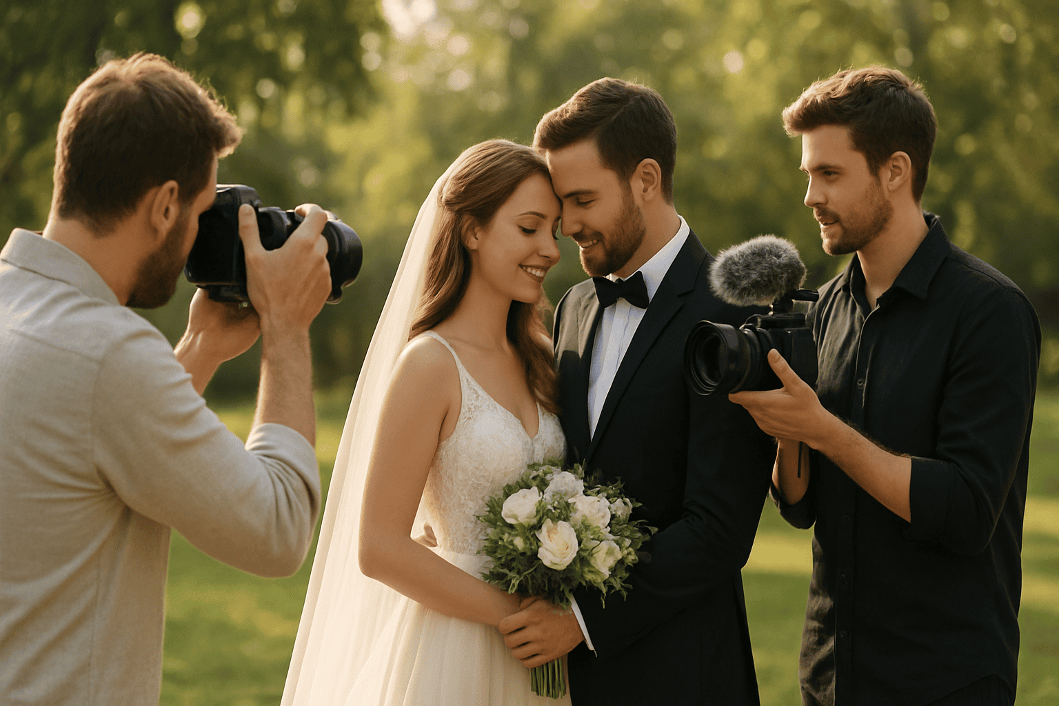 Boldog menyasszonyi pár szabadtéri esküvőn, fotós és videós rögzíti a különleges pillanatot egy természetes és világos környezetben.
