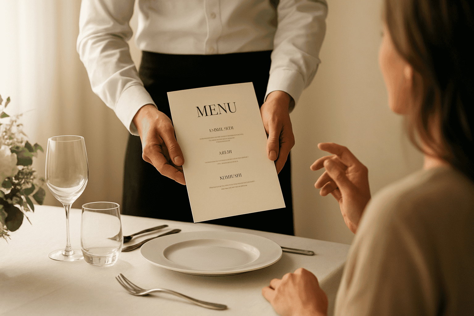 Servitrisen levererar meny till kund med matallergier och betonar vikten av att kommunicera intoleranser och allergier för en säker och omsorgsfull restaurangtjänst.