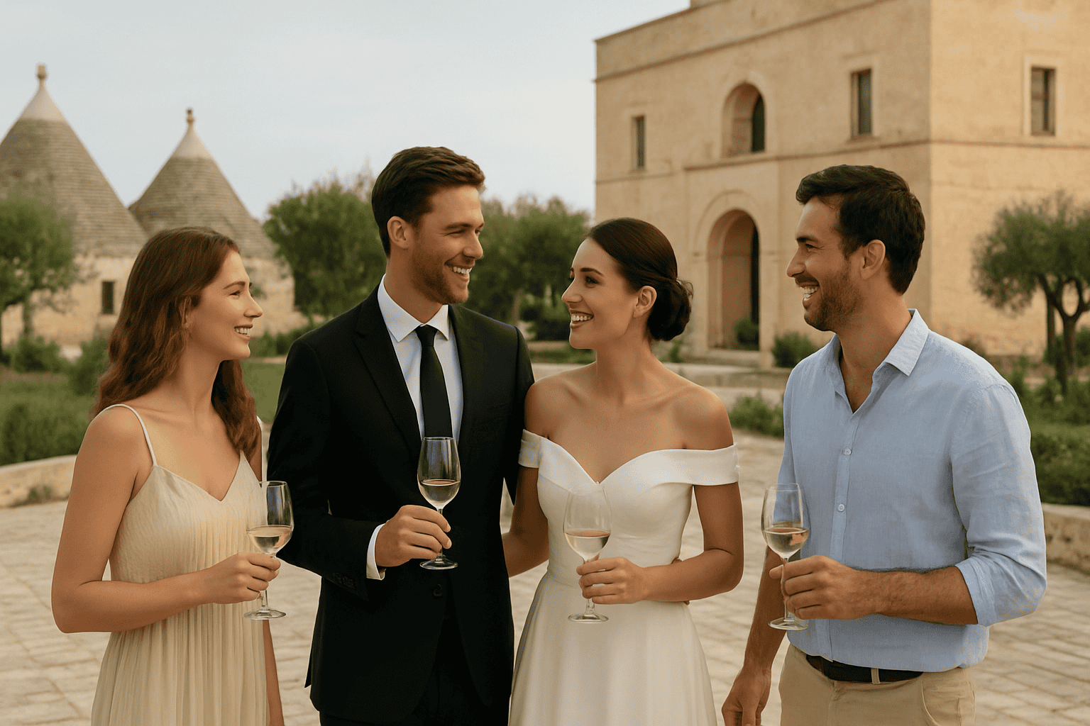 Grupp av utländska gäster som skålar under ett bröllop i Puglia, med historiskt landskap och traditionell arkitektur i bakgrunden.