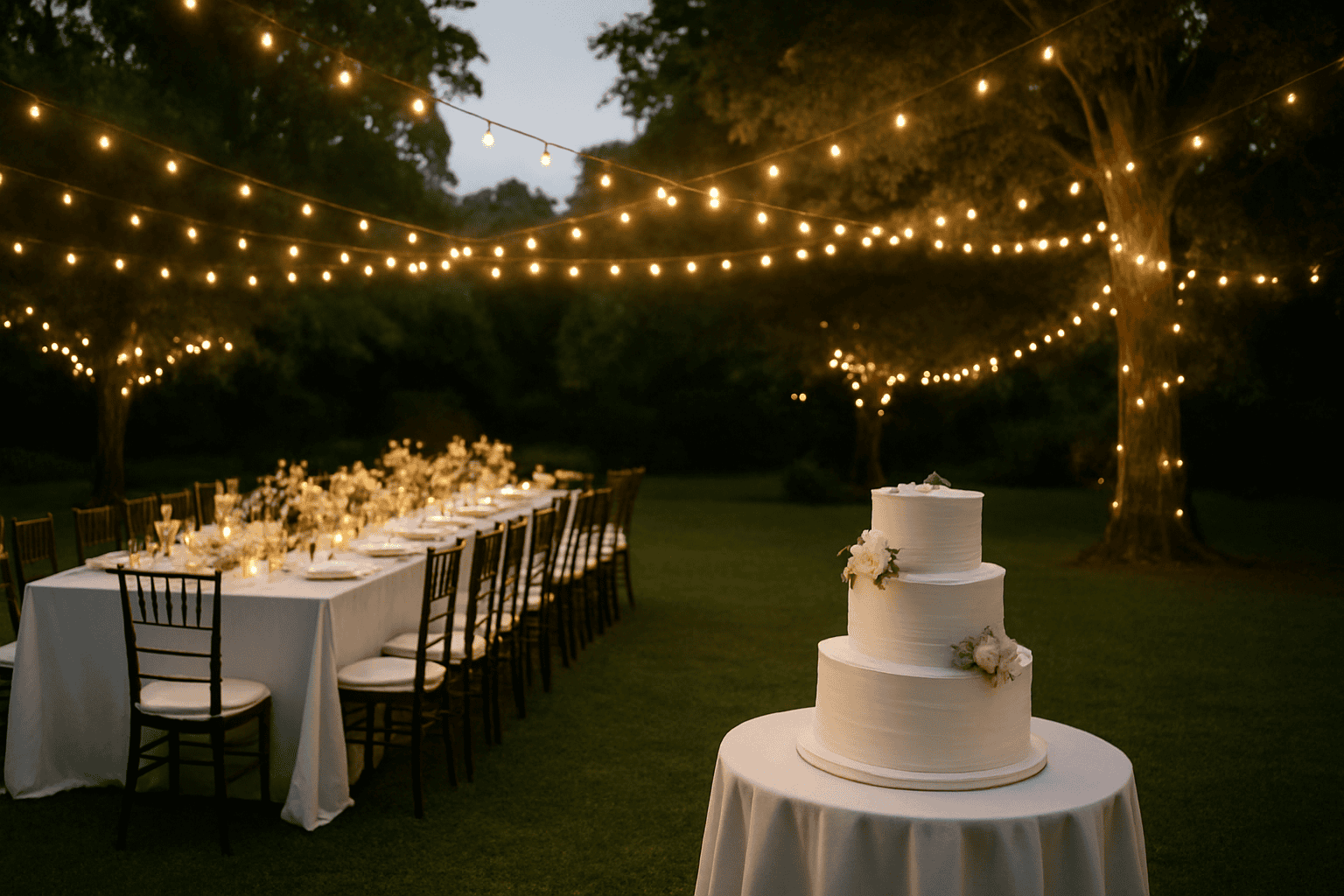 使用暖色灯光的舞台照明，适用于户外晚宴、切蛋糕和派对，为婚礼和聚会营造出魔幻而温馨的氛围。